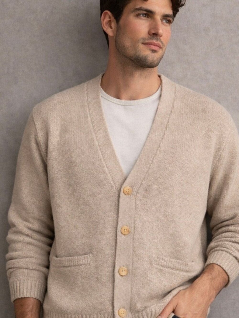 Eddie Bauer Cardigan Sweater XL Beige Knit Cardigan Made in Thailand
